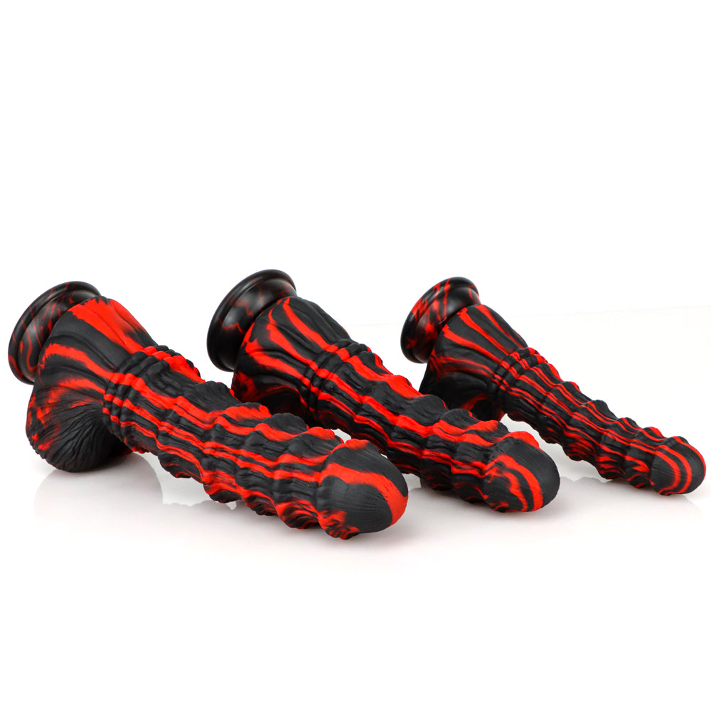 Silicone Black Red Ribbed Monster Dildo