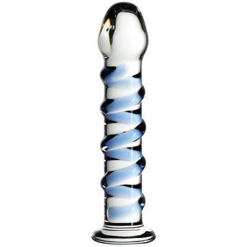 7 Inch Slim Blue Ribbed Glass Dildo