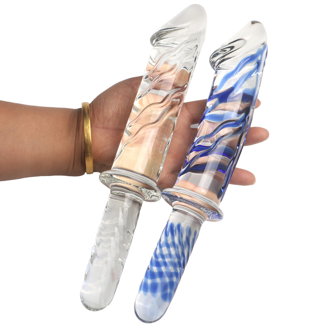 Blue Stripe Clear Glass Dildo with Handle