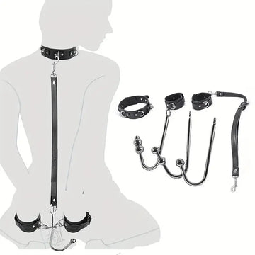 Handcuffs with Leash Metal Anal Hook to Collar