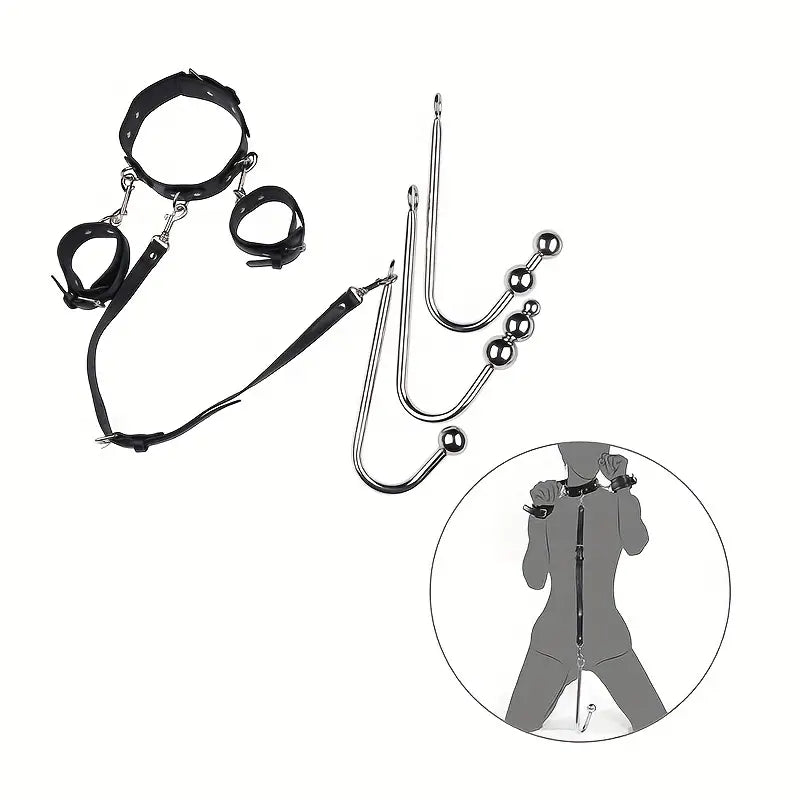 Handcuffs with Leash Metal Anal Hook to Collar