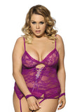 Load image into Gallery viewer, Plus Size Sheer Floral Lace Basque Set Purple / M