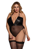 Load image into Gallery viewer, Plus Size Faux Leather Lace Spliced Halter Neck Bodysuit