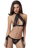 Load image into Gallery viewer, Halterneck Satin Lace Bra And Bow Sides Thong Set Black / One Size &amp; Panties