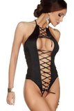 Load image into Gallery viewer, Black Deep Plunge Lace Up Bodysuit