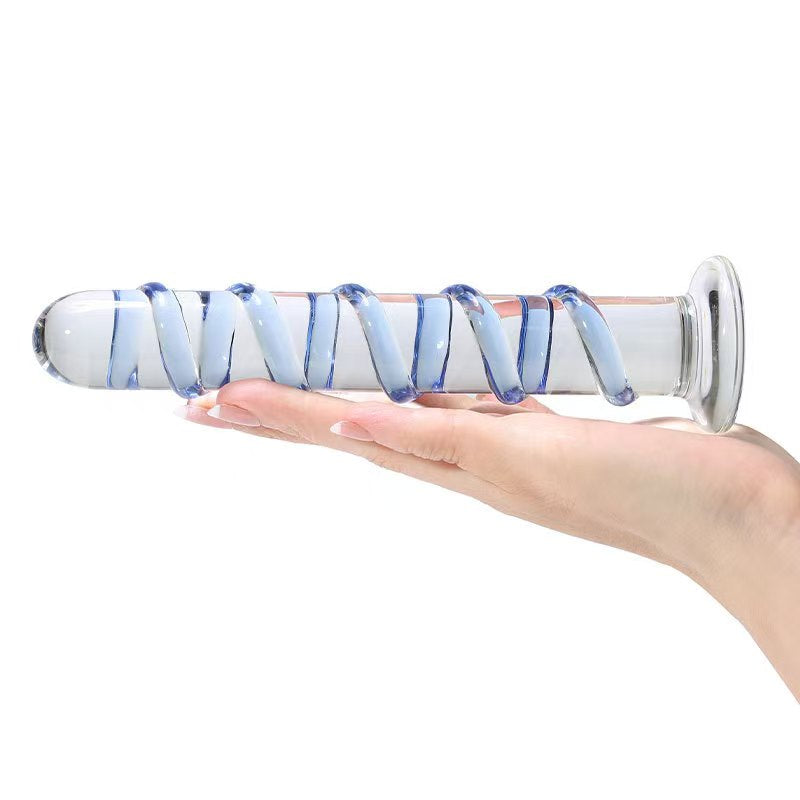 7 Inch Blue Textured Glass Dildo