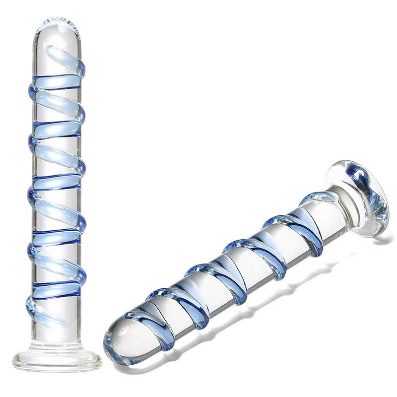 7 Inch Blue Textured Glass Dildo