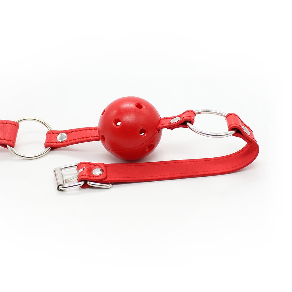 Red Leather Adjustable Mouth BDSM Ball Gag