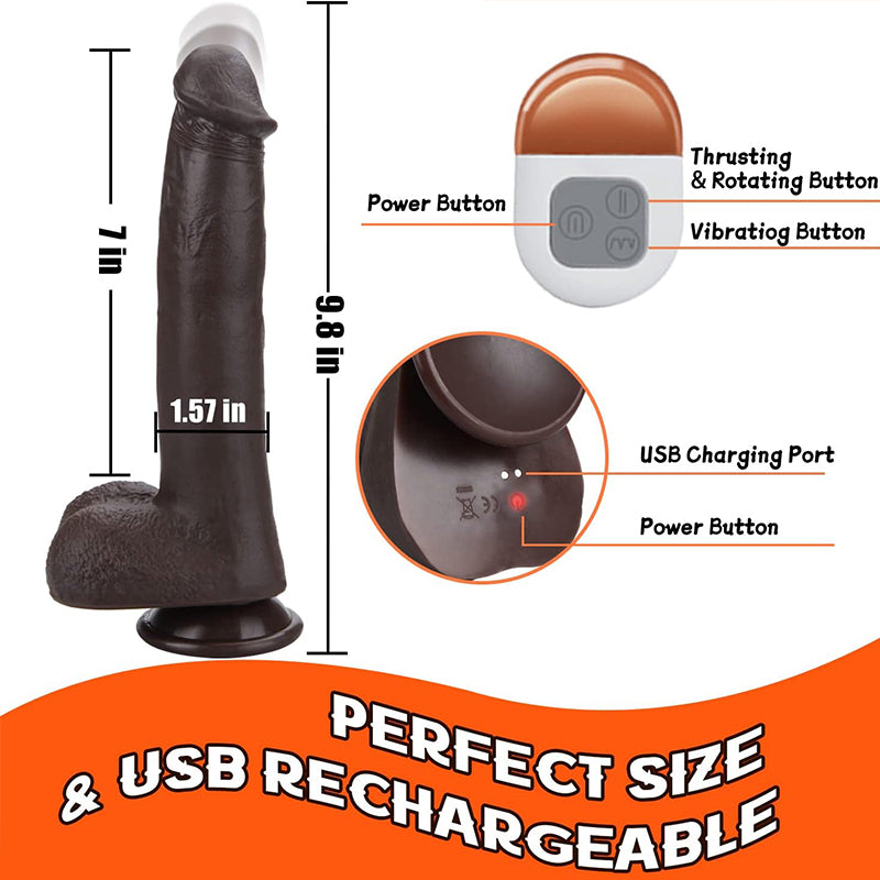 9 Inch Black Heated Vibrating Thrusting Dildo