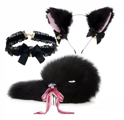 Black Cat Tail Butt Plug 26 inch With Ears Set