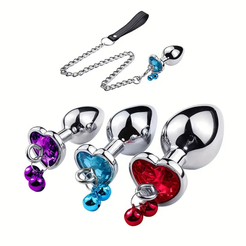 Heart Shaped Bell Jewel Butt Plug with Leash