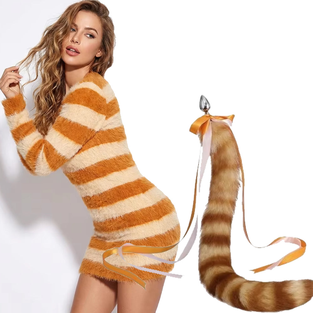 Orange Cat Tail Anal Plug Metal Butt Sex Toy