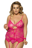 Load image into Gallery viewer, Plus Size Sheer Floral Lace Basque Set Rose Red / M