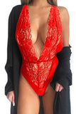 Load image into Gallery viewer, Deep V Neck Backless Lace Bodysuit Red / S
