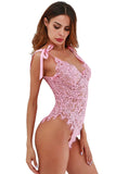 Load image into Gallery viewer, Ribbon Tie Shoulder See Through Floral Lace Bodysuit Pink / Xs