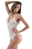 Load image into Gallery viewer, Ribbon Tie Shoulder See Through Floral Lace Bodysuit