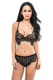 Load image into Gallery viewer, Half Cup With Scalloped Lace Trim And Stripe Panties Set Black / S Bra &amp;