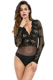 Charger l&#39;image dans la galerie, Womens Sexy Long Sleeve V Neck Mesh Lace Bodysuit Lingerie Black / S
