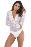 Charger l&#39;image dans la galerie, Womens Sexy Long Sleeve V Neck Mesh Lace Bodysuit Lingerie White / S