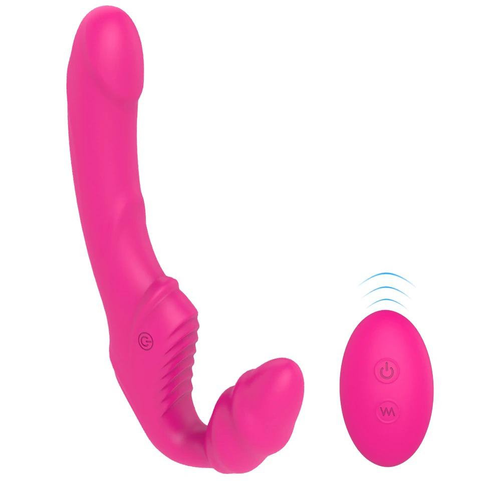 Remote Control Vibrating Strapless Strap On Silicone Dildo Rose Red Vibrator