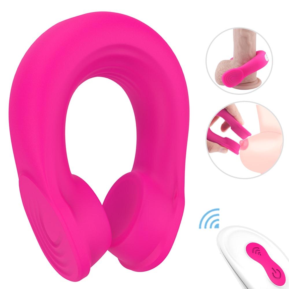 Headset Shape Silicone Penis Ring Vibrator Remote Control Rose Red